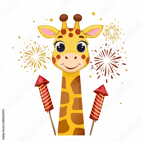 Giraffe smiling with firecracker decorations