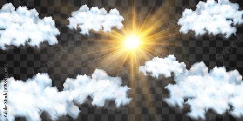 Vector realistic cloud with transparent sunlight. Cloud texture, nature sky with bright sun. Sky nature illustration on png background. Vector weather isolated on transparent background.