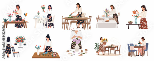 Set of illustrations featuring women doing flower arrangement, floristry, bouquet creation, and home decorating tasks for domestic or professional settings.