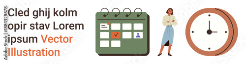 Time management, scheduling, deadlines, organization, productivity, planning. A calendar with marked events, a standing woman and a clock. Time management and scheduling concept