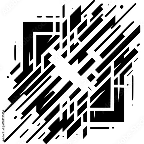 Abstract Geometric Lines: A stark, black and white composition of overlapping lines and geometric shapes, creating a dynamic and visually arresting design. 