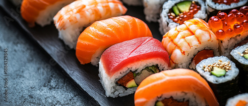 Bright sushi and rolls on a black board emphasise the diversity and appetising nature of Japanese cuisine, perfectly complementing the main background for a restaurant menu or culinary blog.