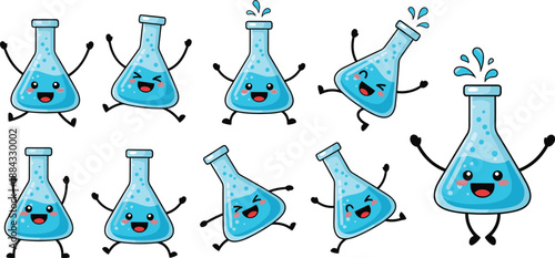 Kawaii Erlenmeyer Flask Characters Set with Happy Faces for Science Education Chemistry Lab Equipment Vector Illustration for Kids STEM Projects