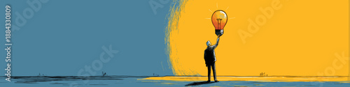 Businessman reaching for a glowing light bulb, symbolizing new ideas and innovation. Businessman holding light bulb representing creative idea