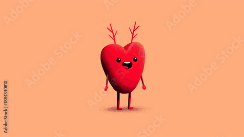 Happy cartoon heart character standing on pink background with small heart above its head. Cute cartoon heart character celebrating Valentine's Day