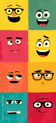 Cheerful cartoon faces on a colorful background expressing various emotions and concepts. Cartoon faces showing emotions and different personalities