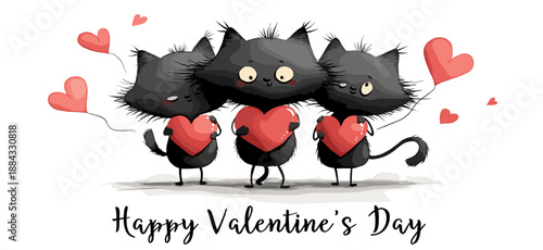 Three cartoon black cats holding red hearts with floating additional hearts against a white background. Three black cats holding hearts celebrating Valentine's Day