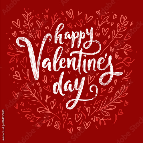 Calligraphy Happy Valentine's Day lettering on a red background with hearts and leaves. Happy Valentine's Day calligraphy lettering on red background