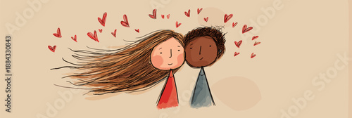 Smiling cartoon boy and girl with red hearts floating above them, depicting true love. Happy cartoon couple showing love and affection