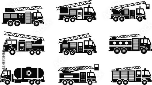 Set of Fire Truck Icons Black Vector Silhouette Collection Including Ladder Trucks Tankers and Emergency Rescue Vehicles for Firefighting Design