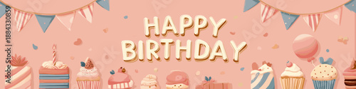 Happy birthday lettering combining playful design elements and vibrant colors. Happy birthday greeting text design with colorful leaves