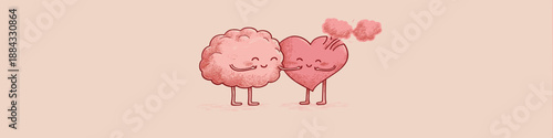 Brain and heart characters are hugging, symbolizing mental and emotional balance with care. Gentle cartoon brain and heart hugging, showing mental health