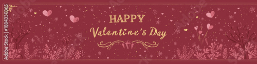 Gold happy Valentine's Day text on a red background with decorative floral elements. Happy Valentine's Day gold glitter greeting with floral ornament