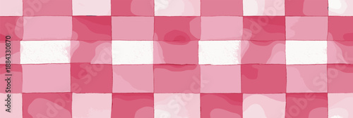 Pink and white watercolor checkered pattern creating a rustic seamless background texture. Pink watercolor gingham check seamless pattern background