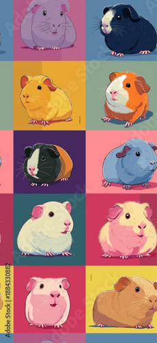 Nine cute guinea pigs in a colorful pop art distinct grid pattern. Pop art guinea pig distinct pet portraits grid