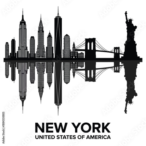 New york city skyline with iconic landmarks and water reflection