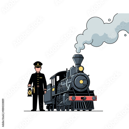 Conductor Standing Beside Steam Train Locomotive.
