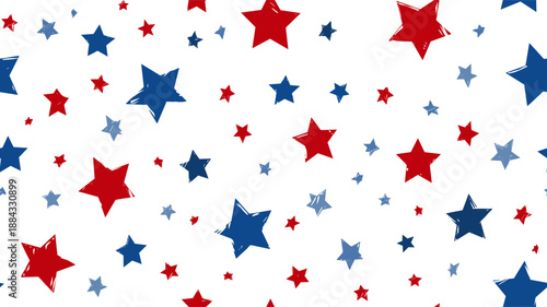 Red and blue stars forming a cheerful, seamless American flag inspired pattern. USA colors star pattern creating a patriotic background