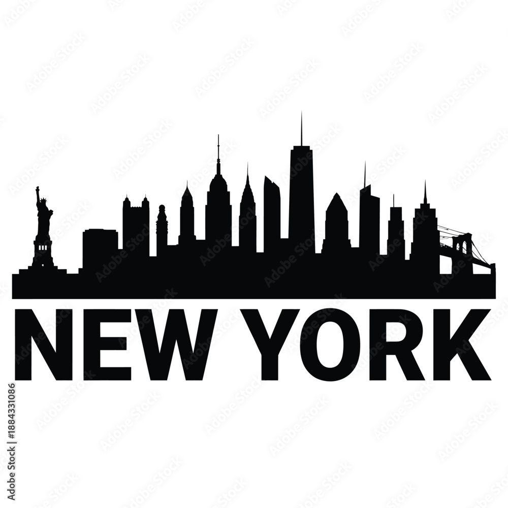 Fototapeta premium New york city skyline silhouette with iconic landmarks and text below