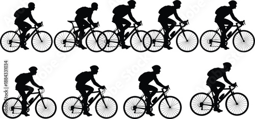 Set of nine cyclist silhouettes in various riding positions and motion stages for sports graphics, urban commuting, and cycling icons.