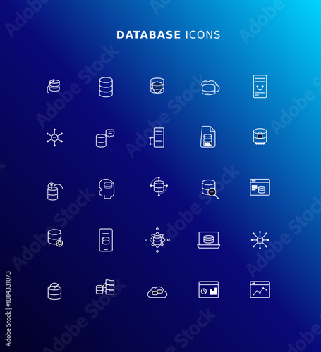 Professional set of 15 database and data storage icons featuring SQL, cloud, security, and networking symbols on a dark blue gradient background.