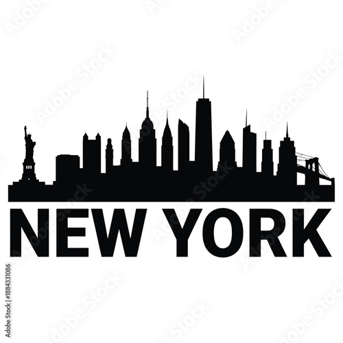 New york city skyline silhouette with iconic landmarks and text below