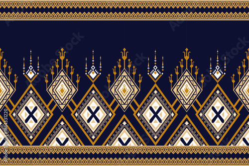 Seamless geometric ethnic pattern with repeating diamond shapes and ornamental tribal motifs.