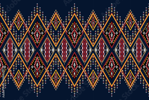 Seamless geometric ethnic pattern with repeating diamond shapes and ornamental tribal motifs.