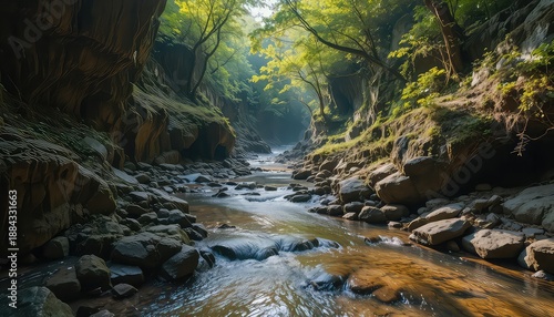 A serene and peaceful forest stream with rocks and trees in a natural landscape