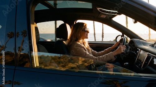 Wallpaper Mural Woman driving a car along the coast during sunset with palm trees in the background Torontodigital.ca