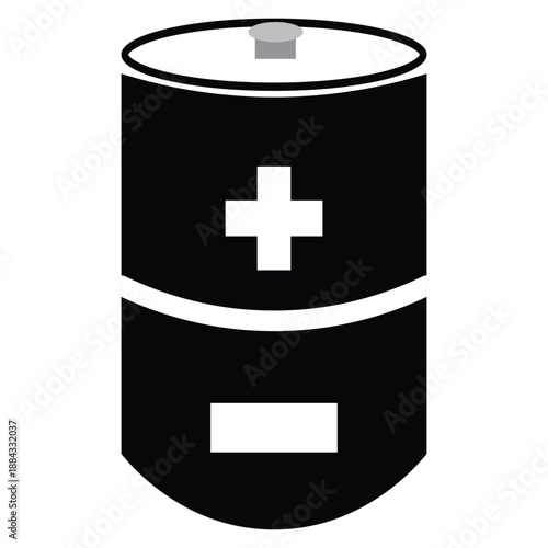Simple black cylindrical battery with plus and minus symbols isolated on a white background symbolizing power and energy