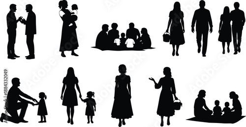 Set of silhouettes representing family life community interaction people walking parents with children and diverse groups for lifestyle vector illustrations