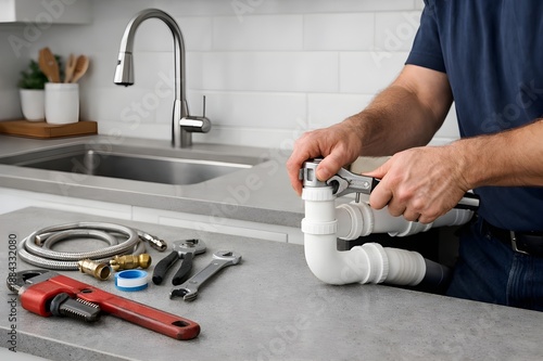 Kitchen Plumbing Repair in Progress with Tools Beside Sink, Wrench and Pipe Visible, Hands Working Only, Clean Modern Kitchen, Realistic Commercial Stock Photo with Copy Space