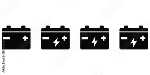 Four black car battery icons with negative and positive terminals and lightning bolt symbols isolated on transparent background