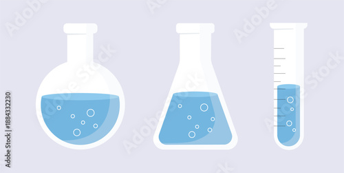 Science laboratory glassware set of vector icons with blue liquid and bubbles for chemistry research vector illustration.