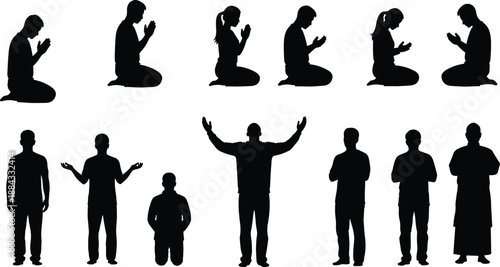 Set of Silhouettes Representing People Praying Kneeling and Standing in Various Religious Poses for Worship Meditation Faith and Spiritual Devotion