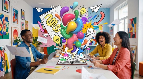 A diverse group of three creative professionals are laughing around a meeting table. Above their heads, a massive, chaotic, joyful explosion of ideas is happening