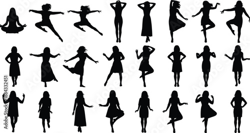 Set of woman silhouettes in various poses including dancing jumping meditating and standing female figures for lifestyle and fashion design