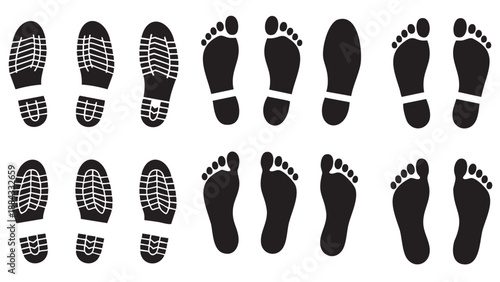 Set of barefoot footprints and shoe sole imprints isolated on transparent background