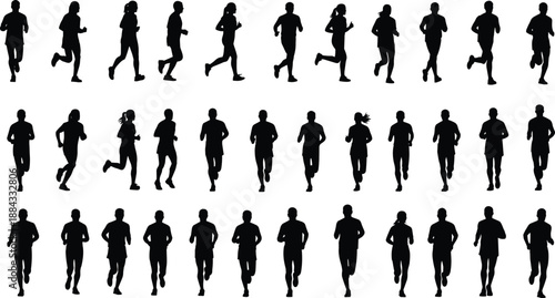 Silhouette of large group of diverse people running and jogging in a marathon set isolated on white background sports vector