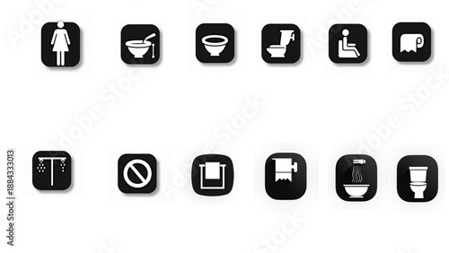 A set of black and white restroom icons on a clean background. Icons of bathroom toilet, hanging tissue holder, shower area, and related facilities