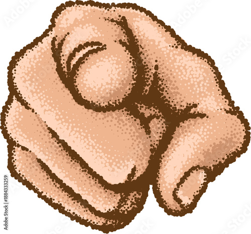 Illustration of a pointing finger want need you hand. In a vintage newspaper comic photo pointillism dots halftone style.