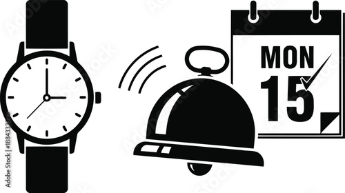 Time Management and Appointment Reminder with Wristwatch Service Bell and Calendar Vector Illustrator