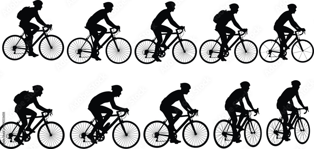 Naklejka premium Silhouette set of professional cyclists riding bicycles in various poses isolated on white background for sports fitness and outdoor activity