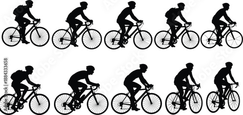 Silhouette set of professional cyclists riding bicycles in various poses isolated on white background for sports fitness and outdoor activity