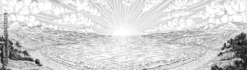 A bay or cove coast coastline beach and cliffs with a sun rising over the sea horizon surrounded by mountains landscape background. Original illustration in a vintage retro woodcut style.