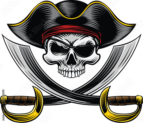 Pirate skull crossbones wearing a tricorn captain hat, eyepatch with crossing sabers or scimitar cutlass pirate swords. In a vintage retro woodcut style.