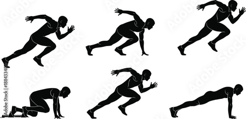 Silhouette Vector Set of Male Sprinter Athlete Progression Phases from Starting Blocks to Full Speed Sprinting Motion for Sports Design