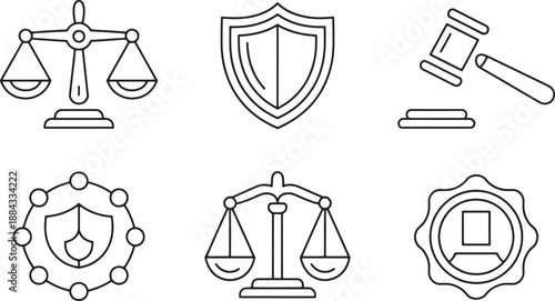 Set of legal and justice icons including scales of justice, shield, gavel, and seal in a clean, minimalist line art style for law and business concepts.