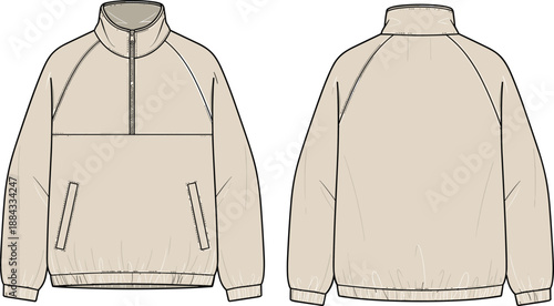 Technical Flat Sketch of a Men's Mock Neck Quarter-Zip Pullover Jacket with Raglan Sleeves and Welt Pockets in Beige Color